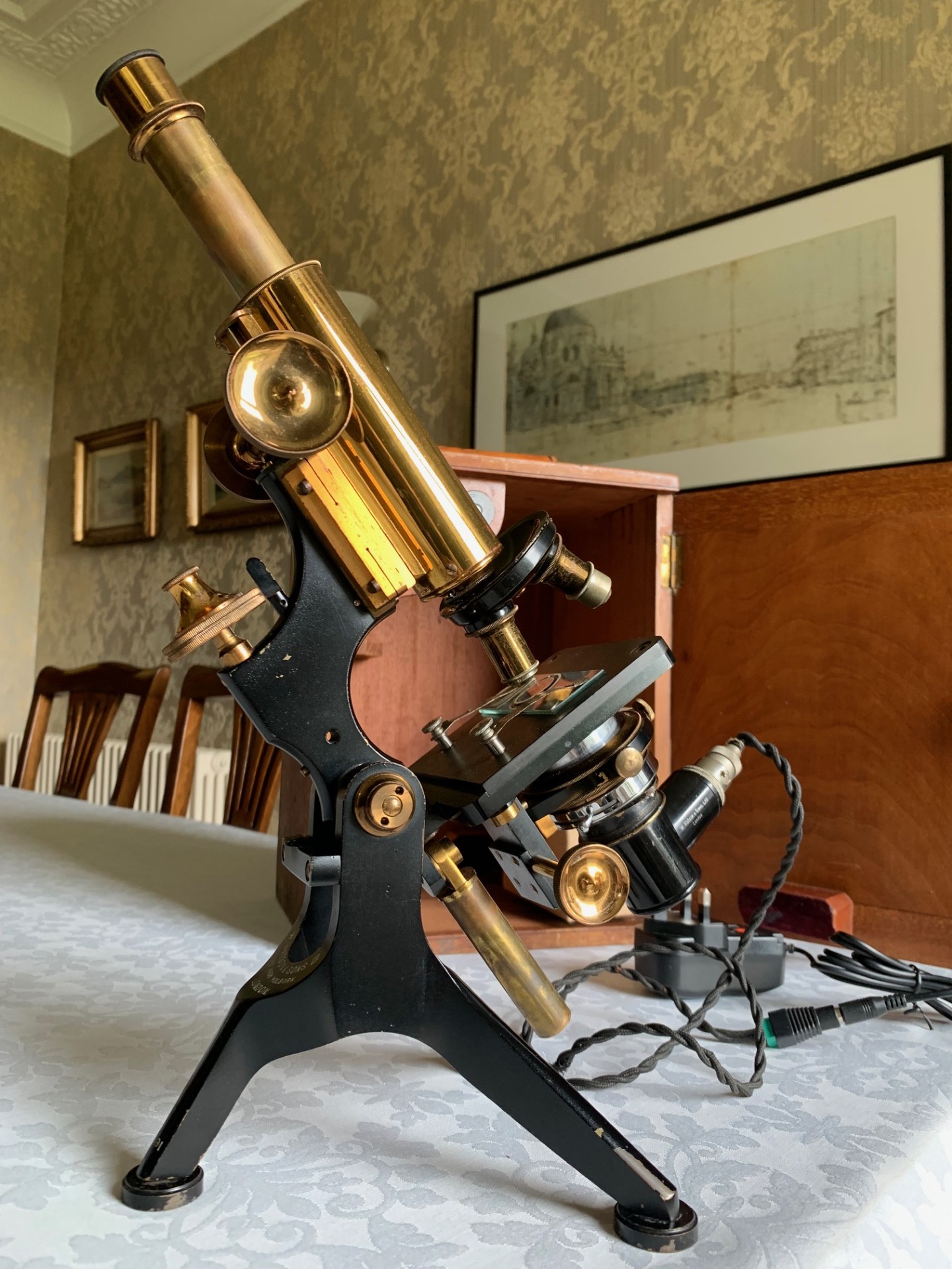 Antique Watson Edinburgh-G Brass Microscope with Electric Light – c1913, Cased