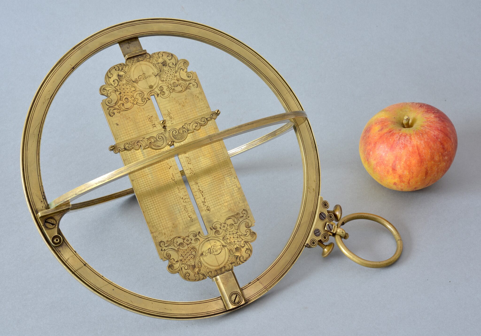 Large brass equinoctial ring dial with Arabic inscriptions signed Petrus Hilten fecit Vienna made circa 1720.