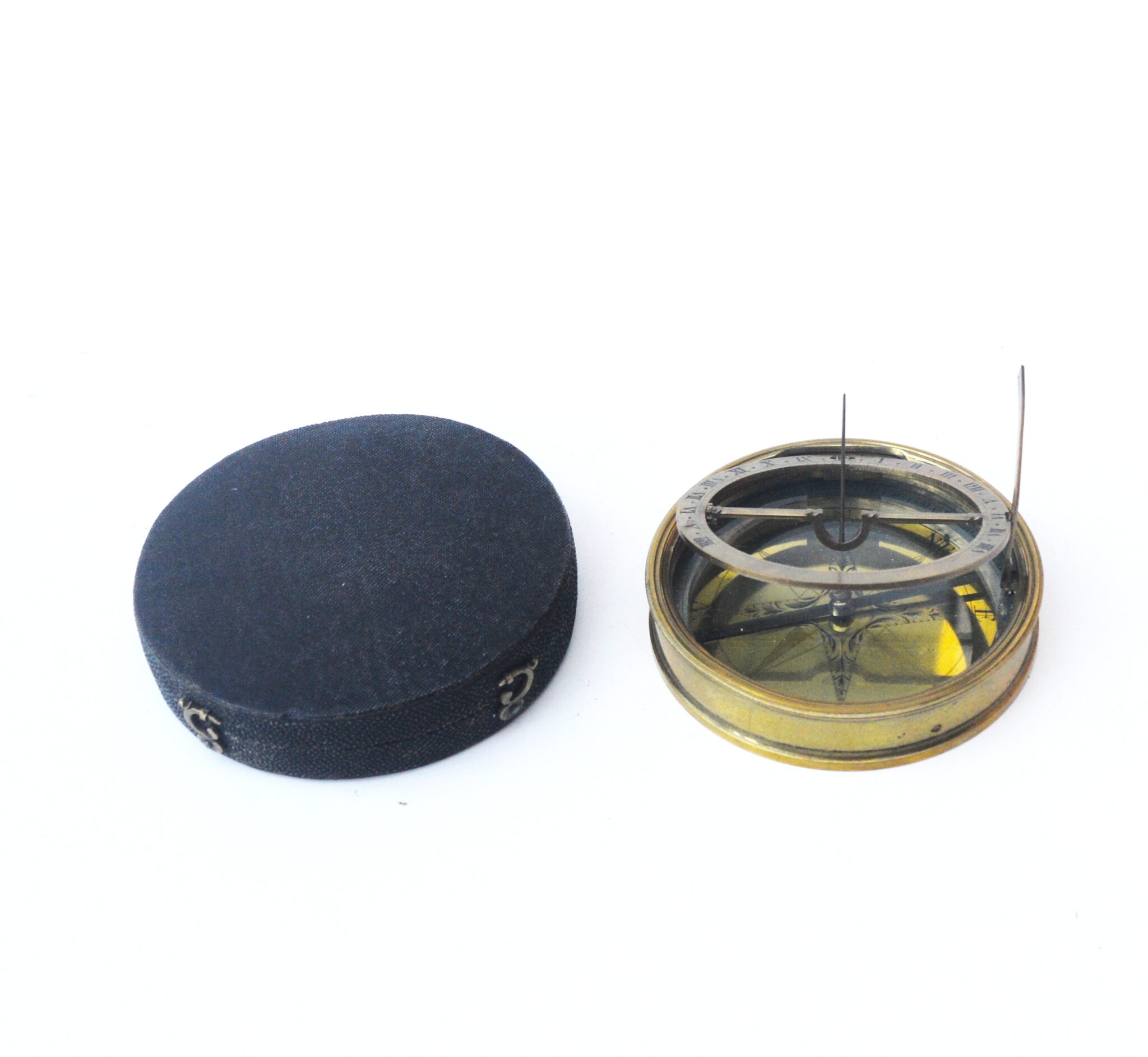 SOLD – 3 inch equinoctial compass / sundial by Dollond. Sharkskin case.