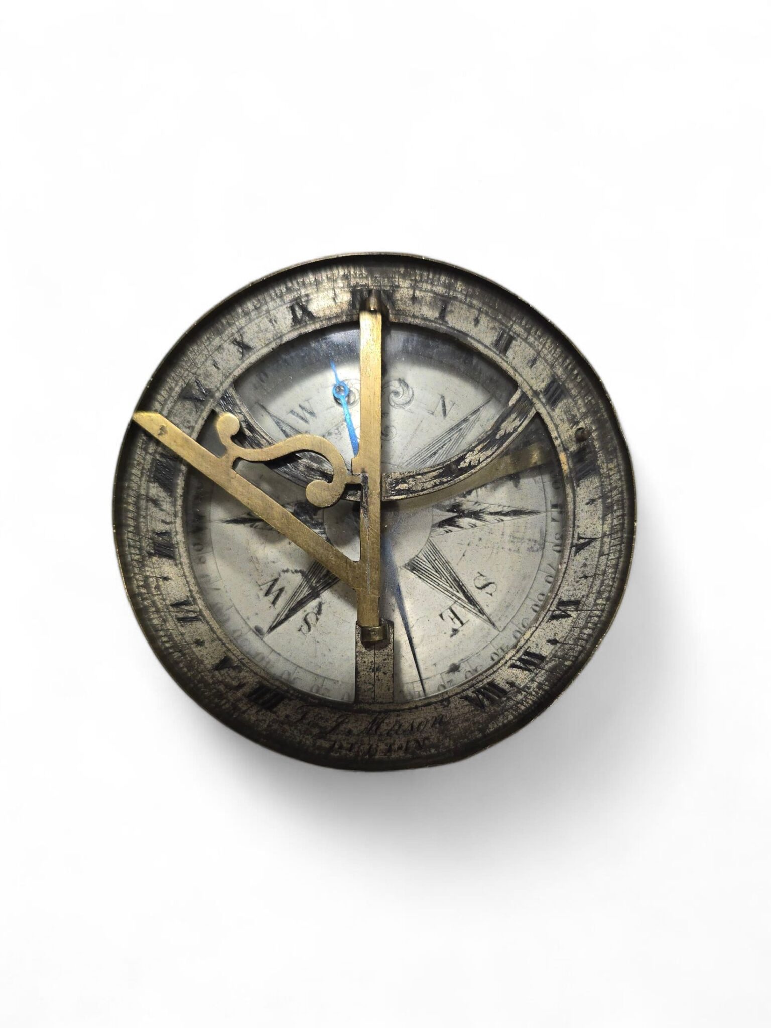 19th Century Silvered Brass Portable Sundial Signed “T. Mason, Dublin