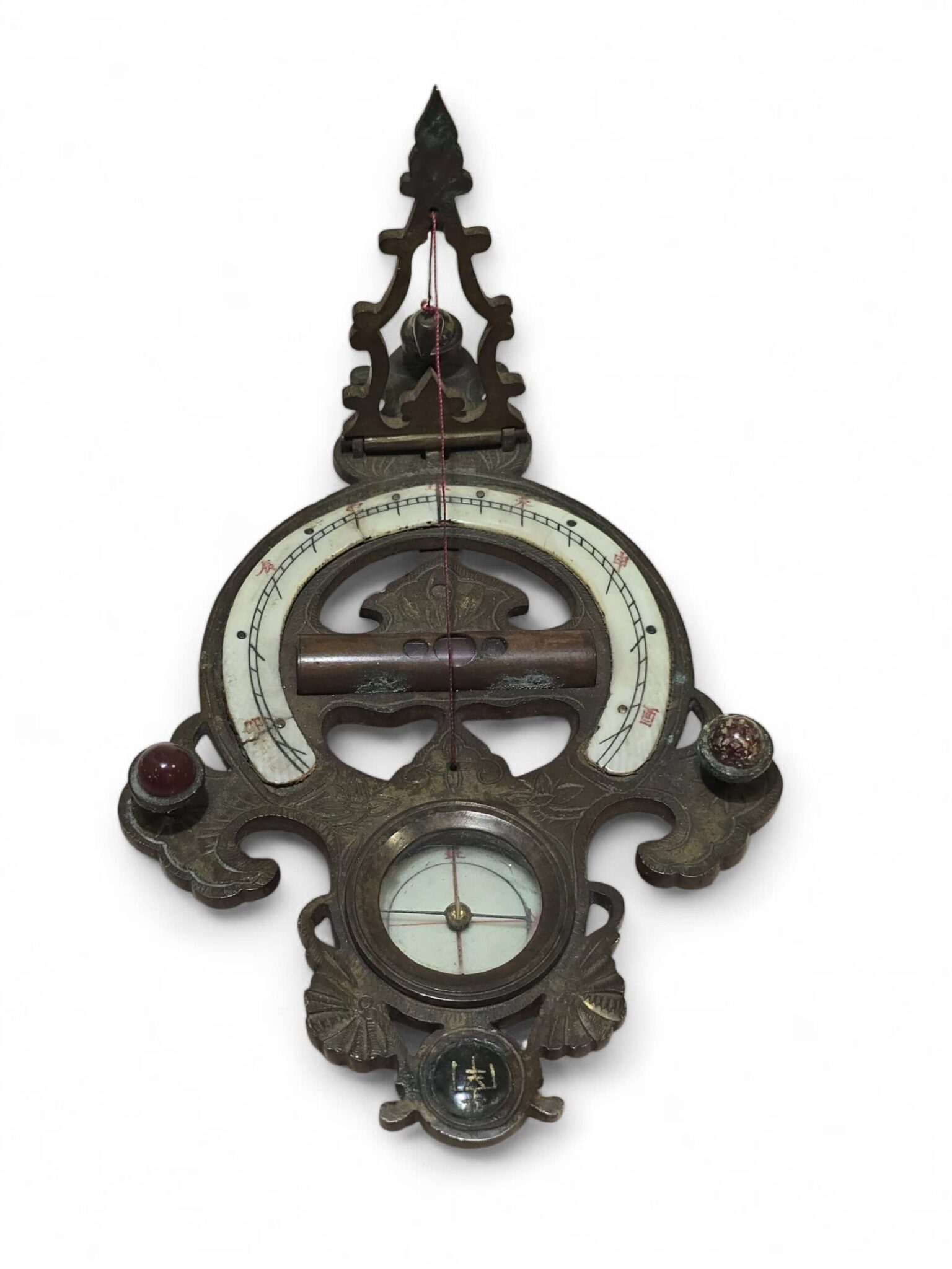 19th Century Chinese Portable Engraved and Enameled Bronze Sundial