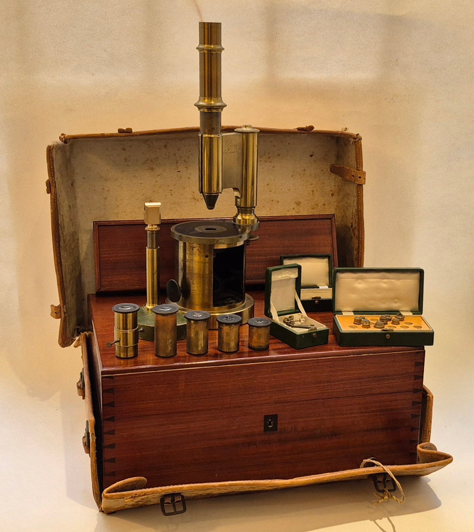 Rare example of the largest drum microscope made by Georges Oberhaeuser with leather case, circa 1845