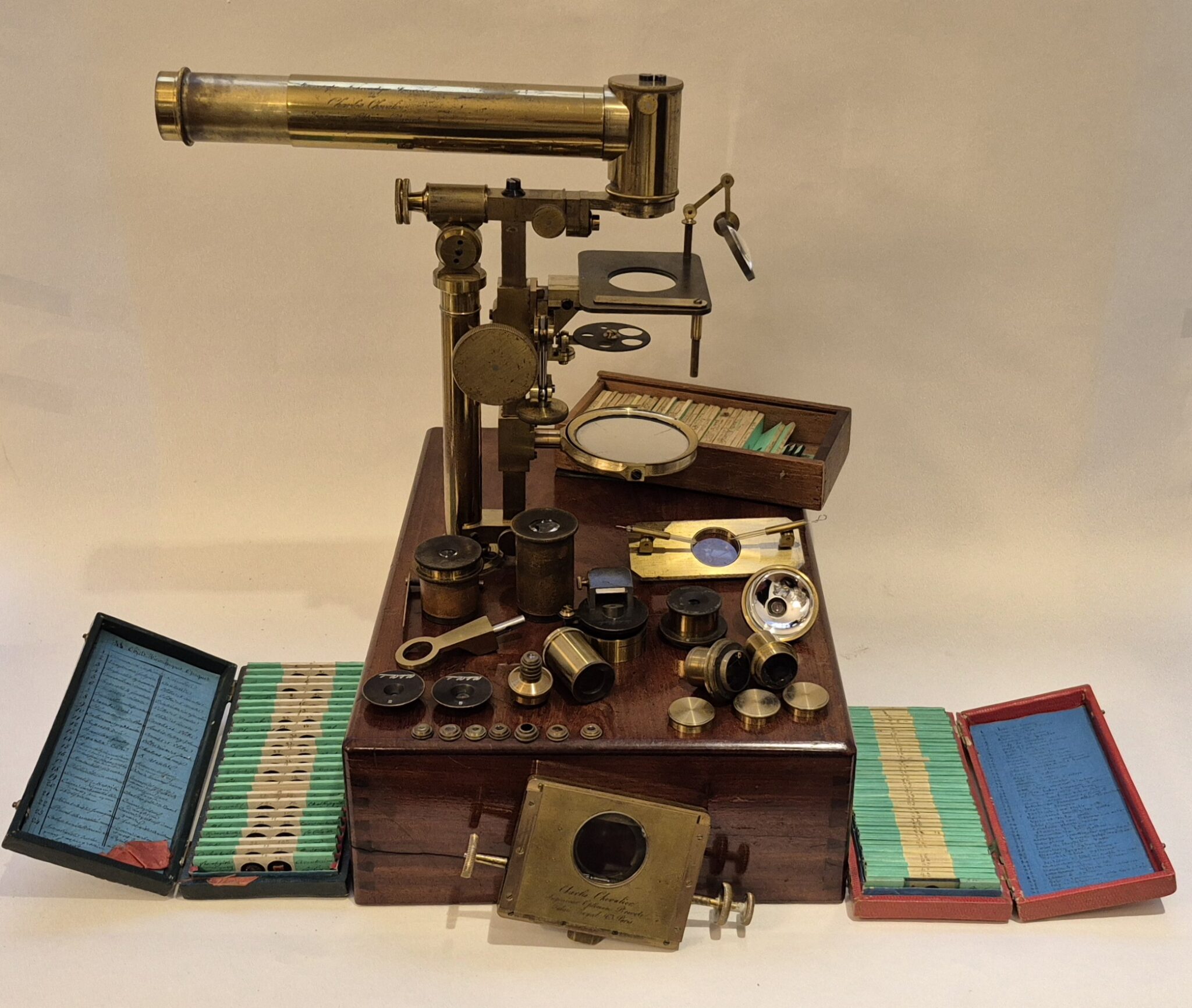 A rare Chevalier Universal microscope with polarizing apparatus and mineralogical slides, c. 1840