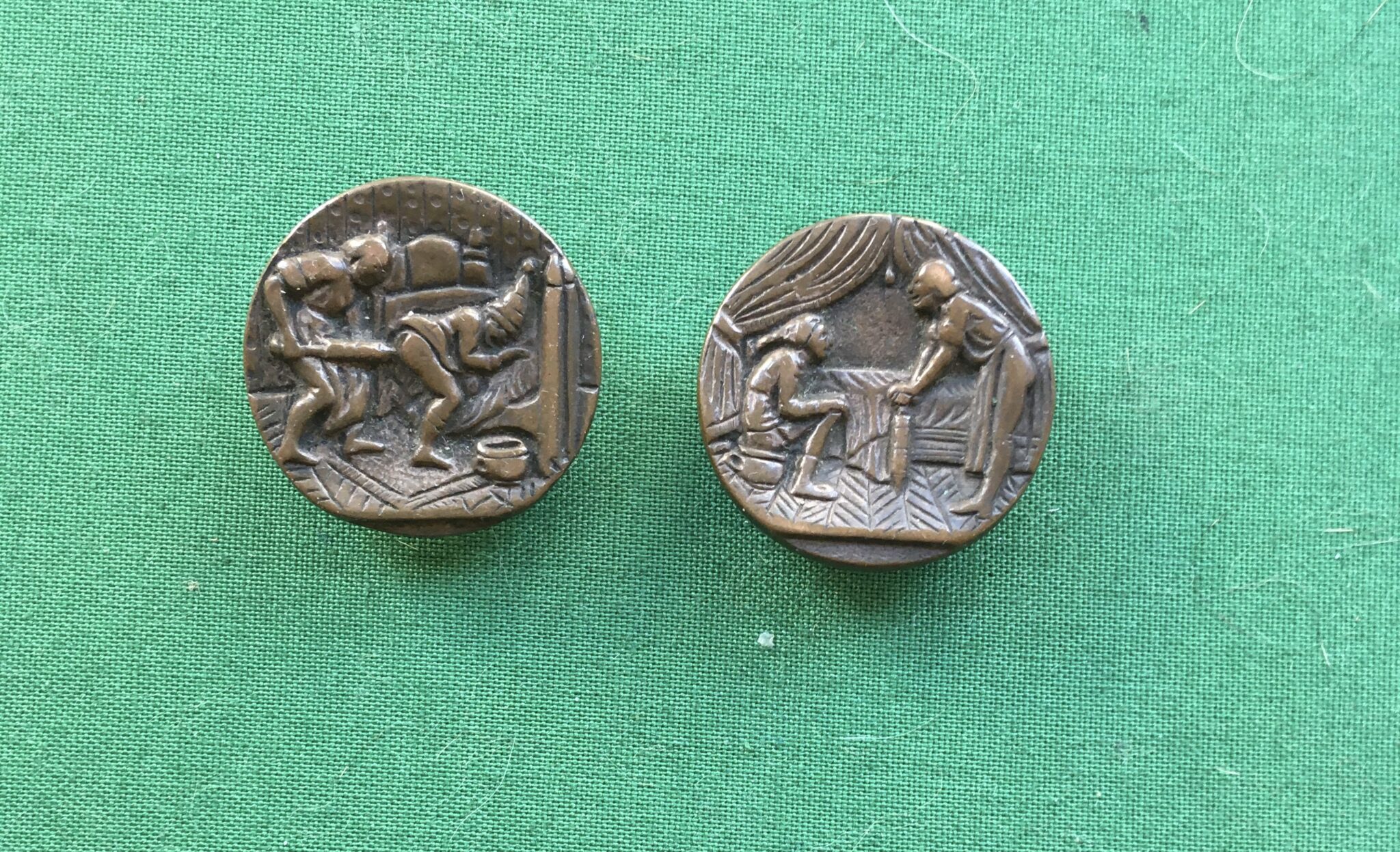 A Pair of Satirical Buttons depicting Louis XIV’s love of Enemas