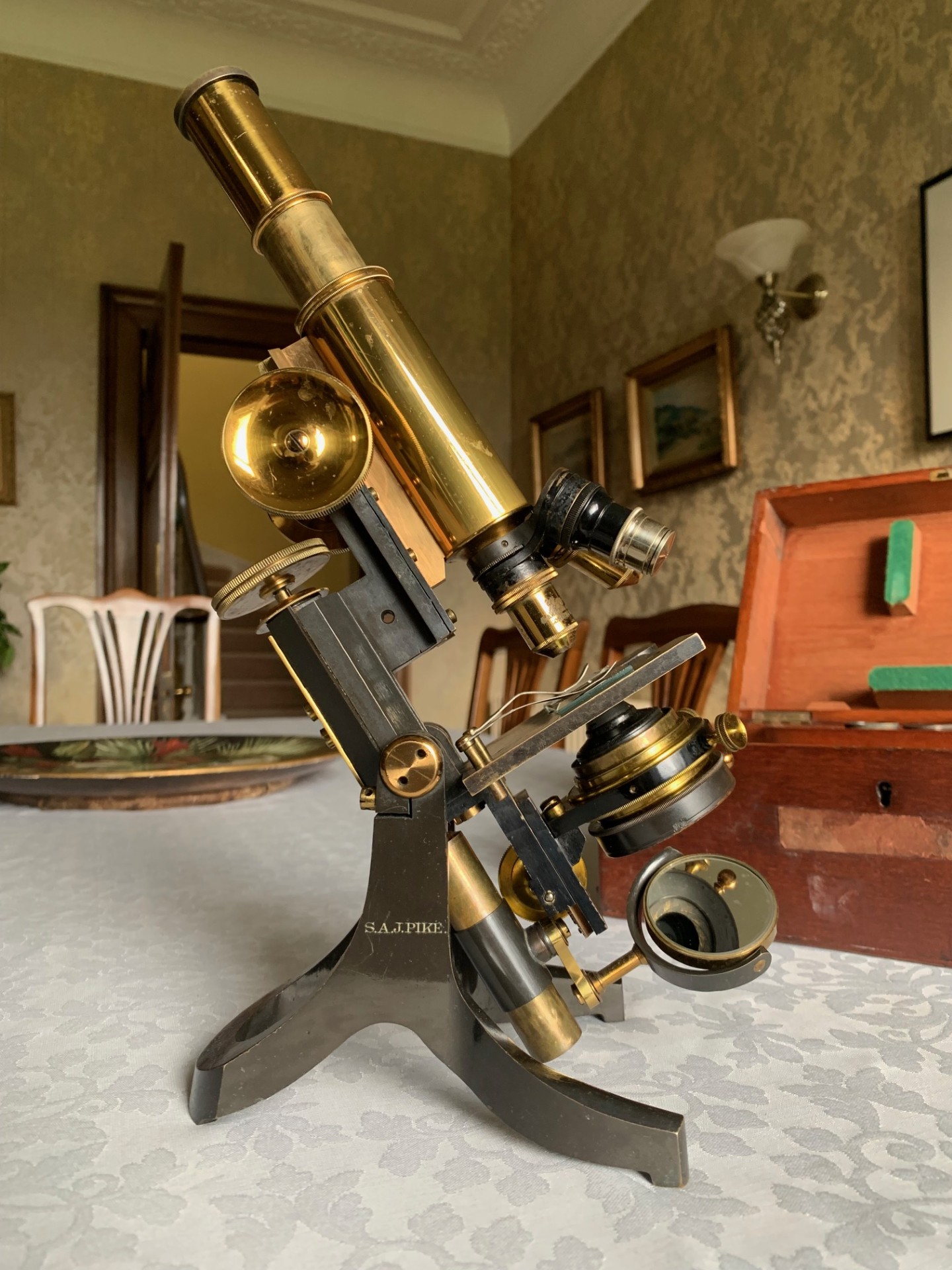 Antique J. Swift & Son Bacteriological Brass Microscope c1895 with Fitted Case