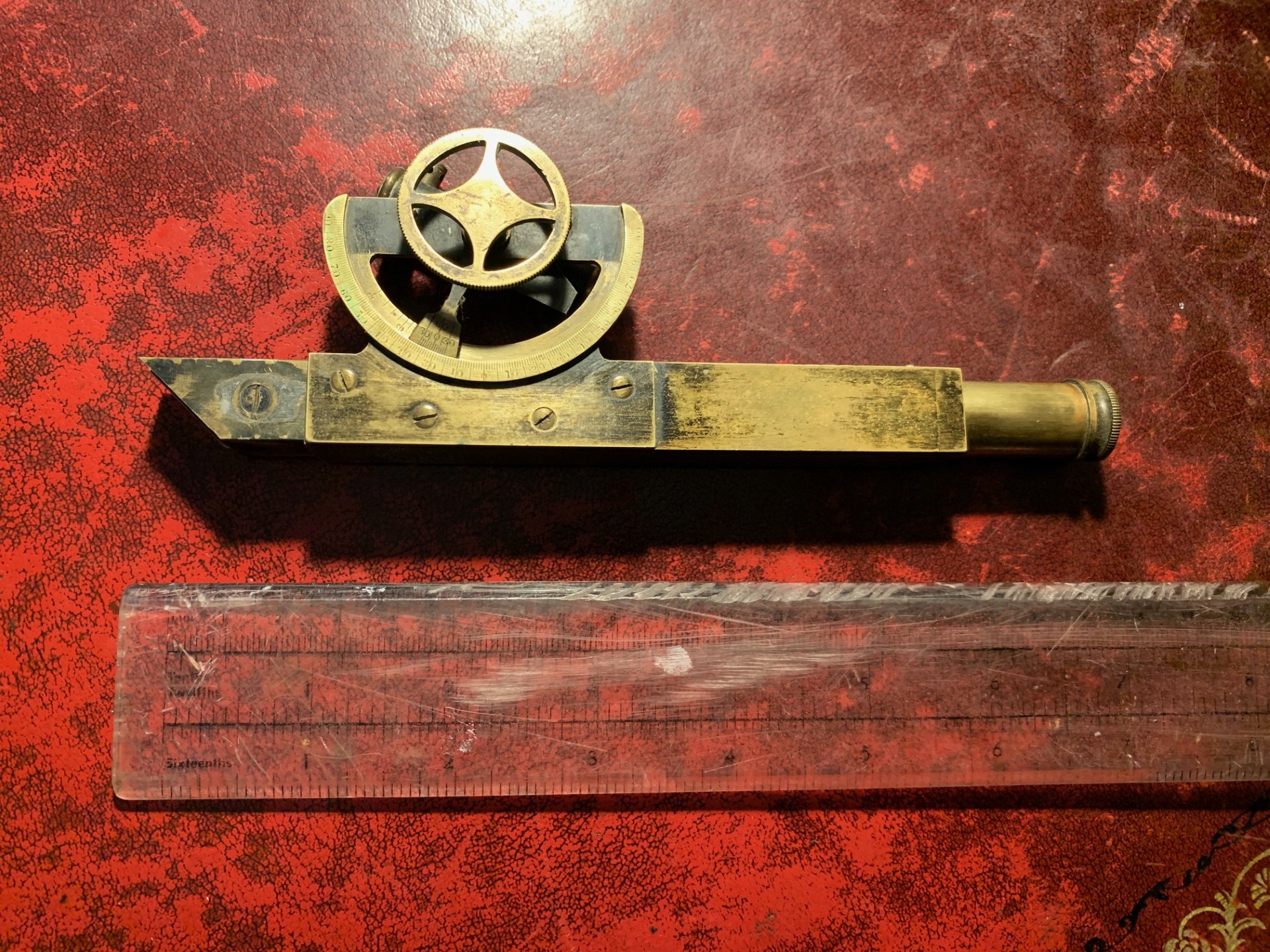 Antique Surveyor’s Brass Pocket Inclinometer Gauge with Embossed Leather Case
