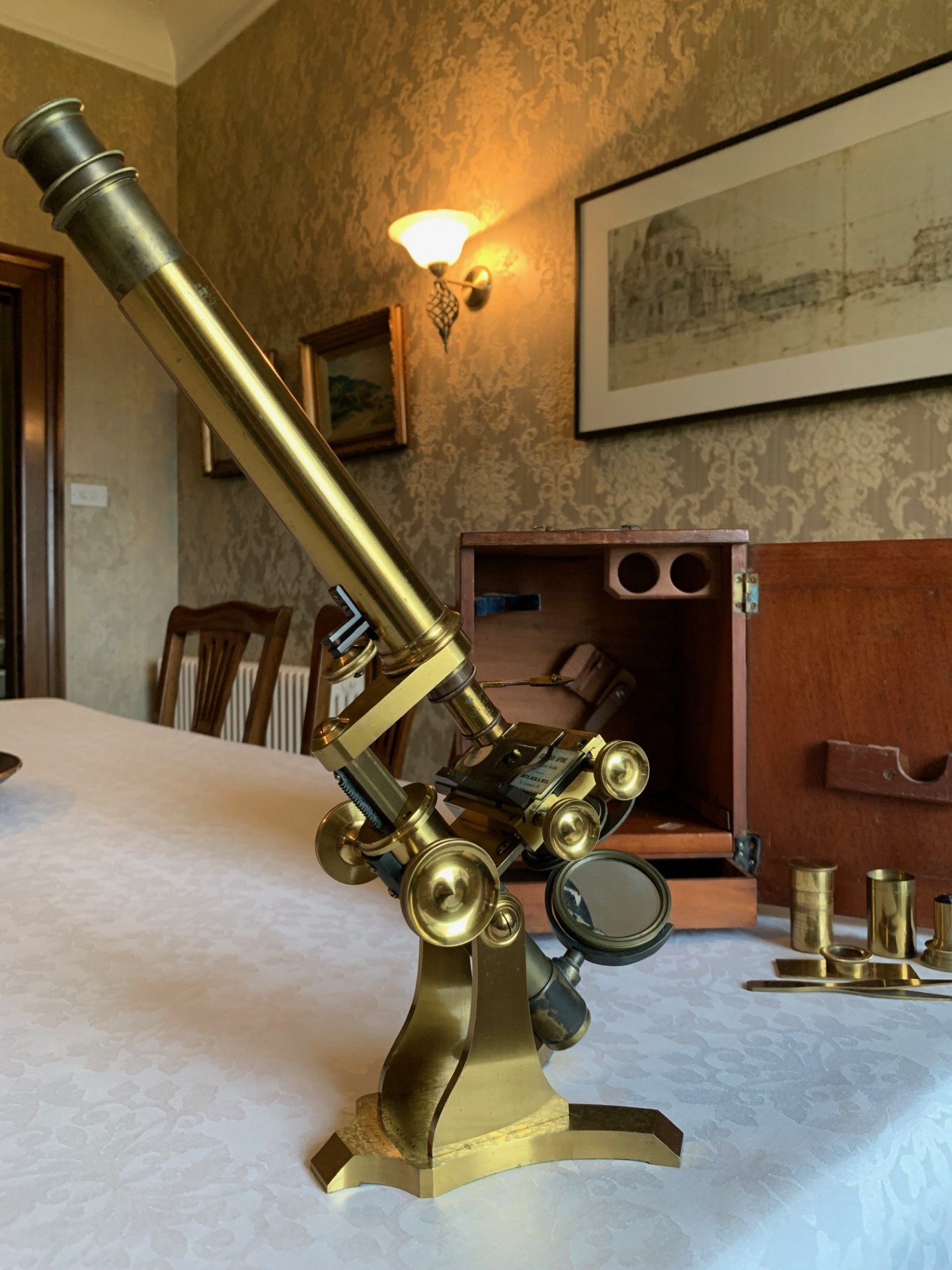 Very Early Antique Watson & Son Bar-limb Brass Microscope c1875 with Fitted Case