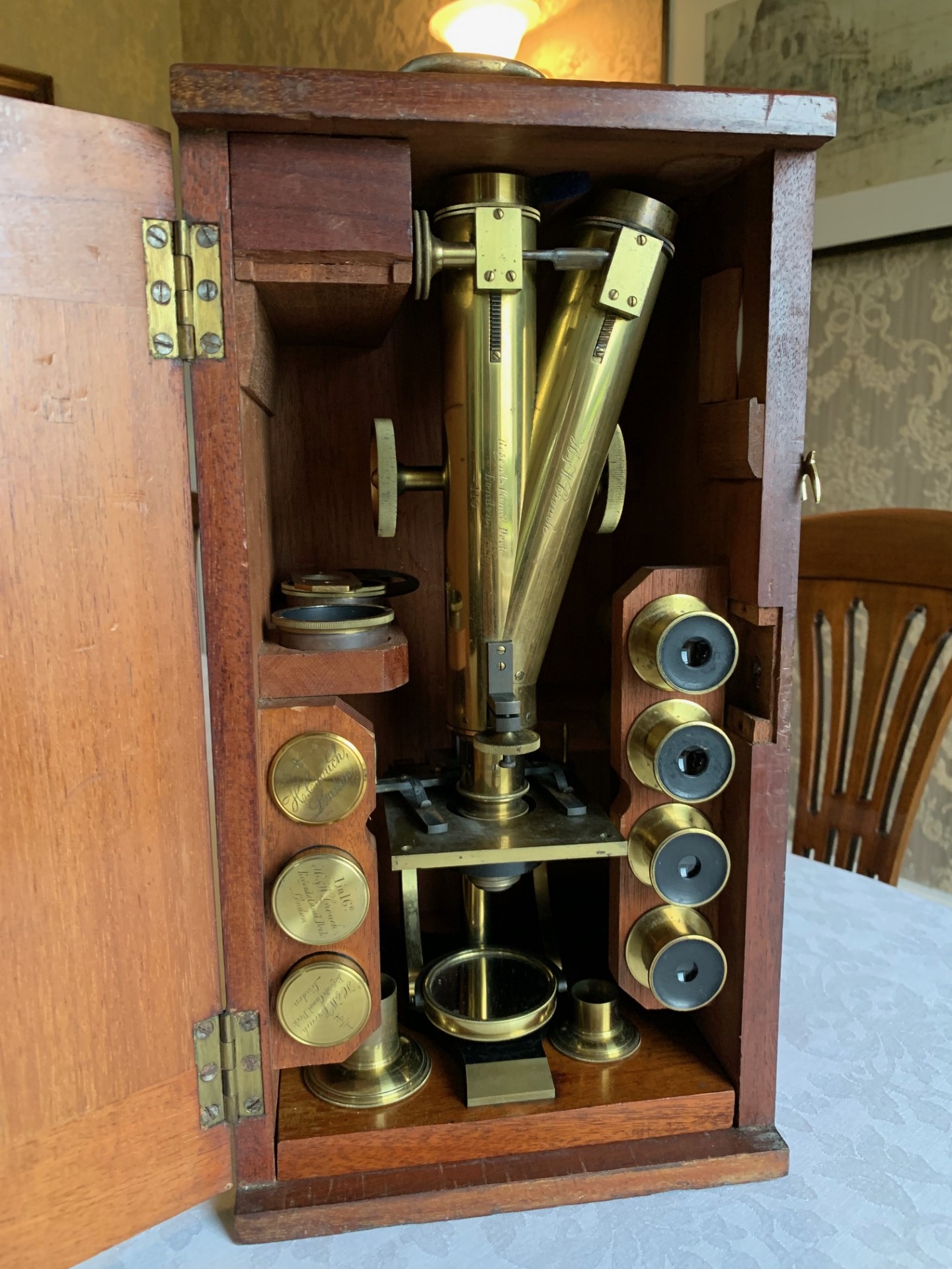 SOLD – Antique Wenham Binocular Brass Microscope by H & W Crouch #119 circa 1863, Cased