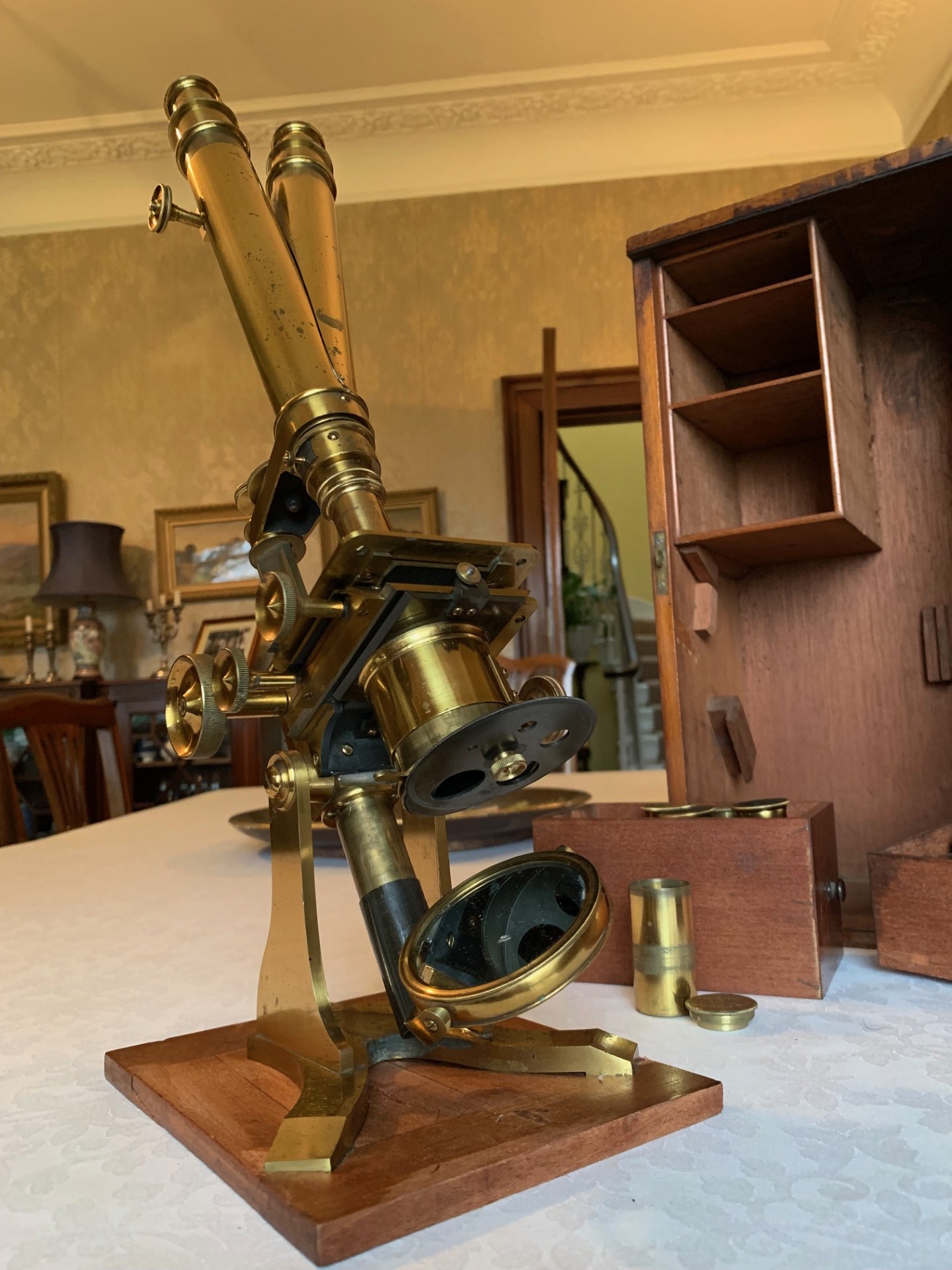 SOLD – Large Antique C. Baker Wenham Binocular Bar-limb Brass Microscope – c1860, Cased