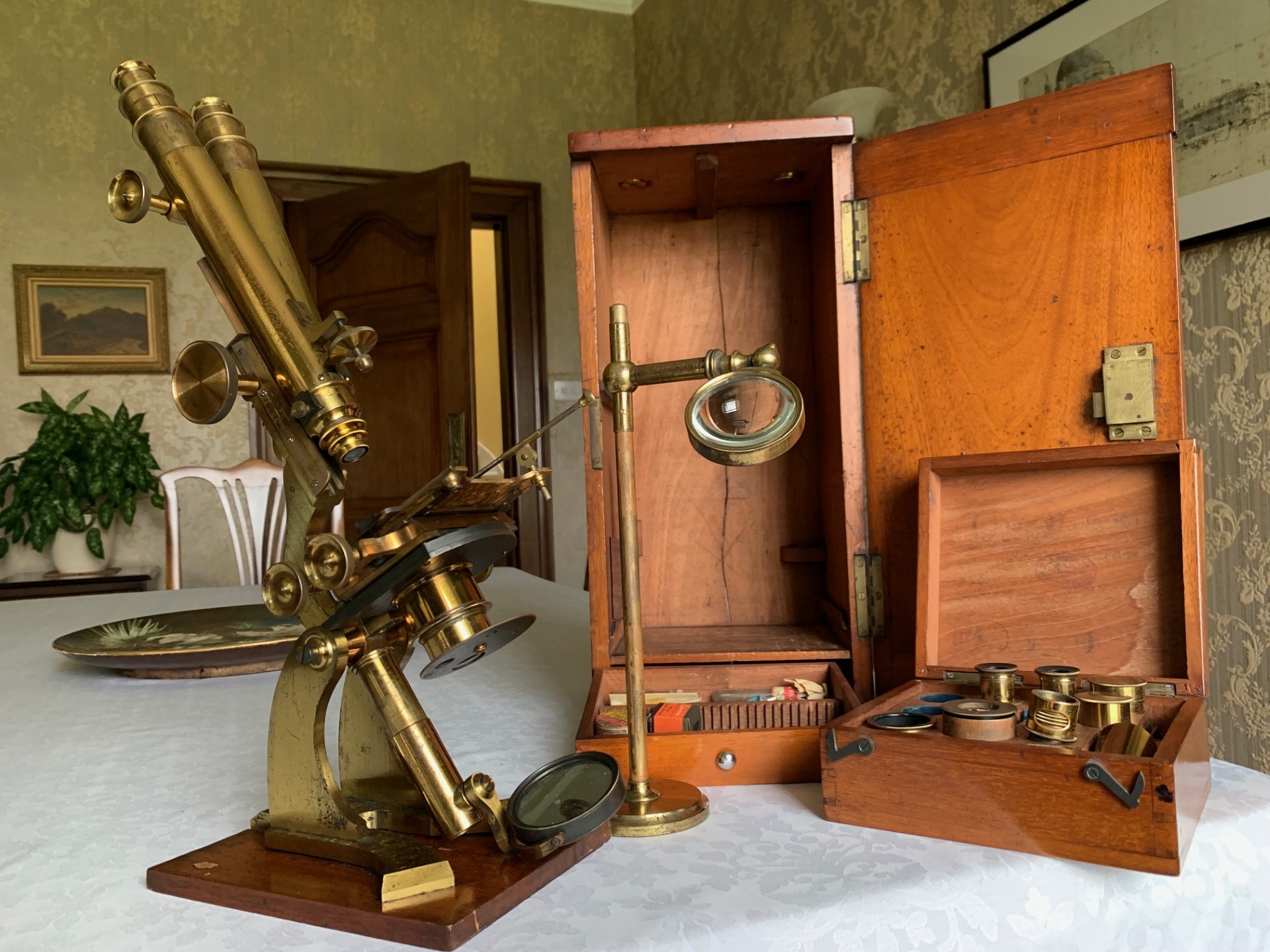 Antique Wenham Binocular Brass Microscope by J & C Robbins, London c1875, Cased