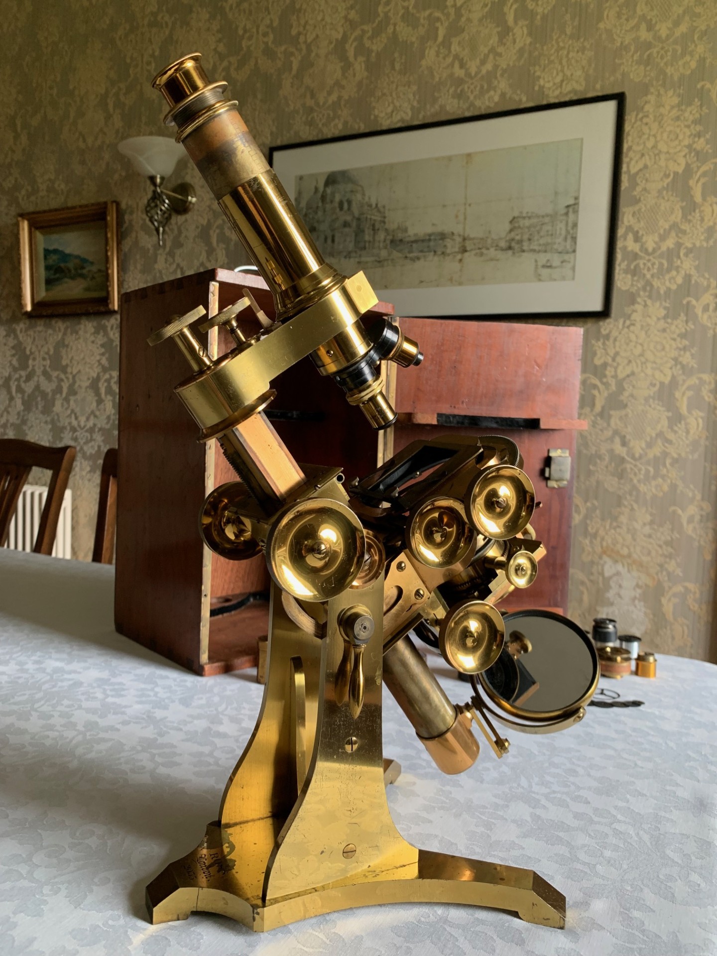 Antique Large First Class Bar-limb Brass Microscope by Andrew Ross c1863, Cased