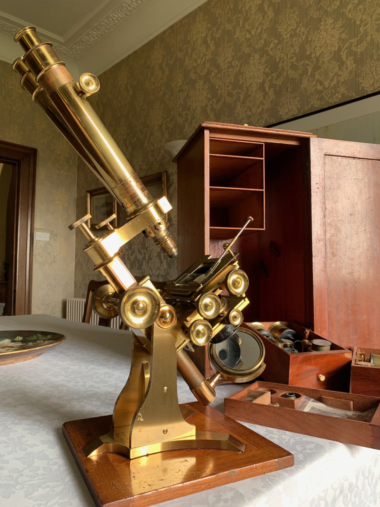 Antique Baker Best No. 1 Wenham Binocular Bar-limb Brass Microscope c1860, Cased