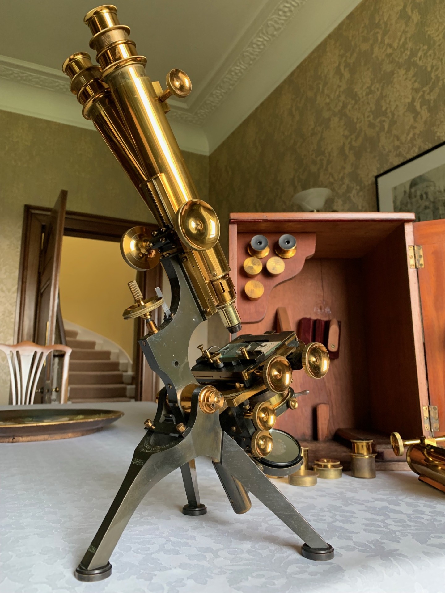 Antique W. Watson & Sons “Royal” Mono/Binocular Brass Microscope – c1901, Cased