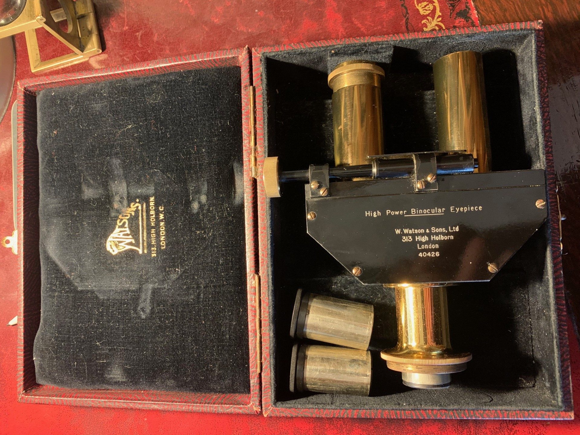 Vintage Watson High-power Microscope Binocular Eyepiece Unit in Brass – 23mm Fitment