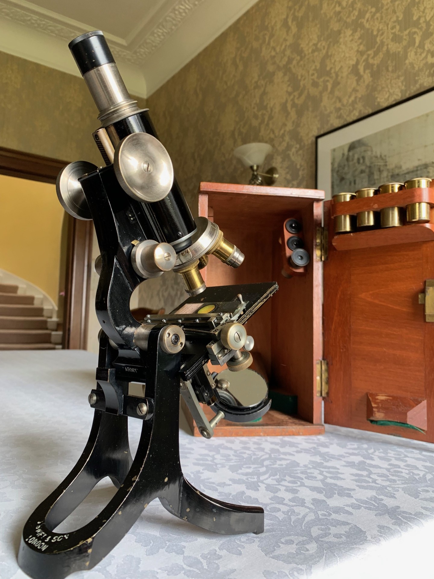 Antique J. Swift & Son – Army Bacteriological Brass Microscope – c1910, Cased