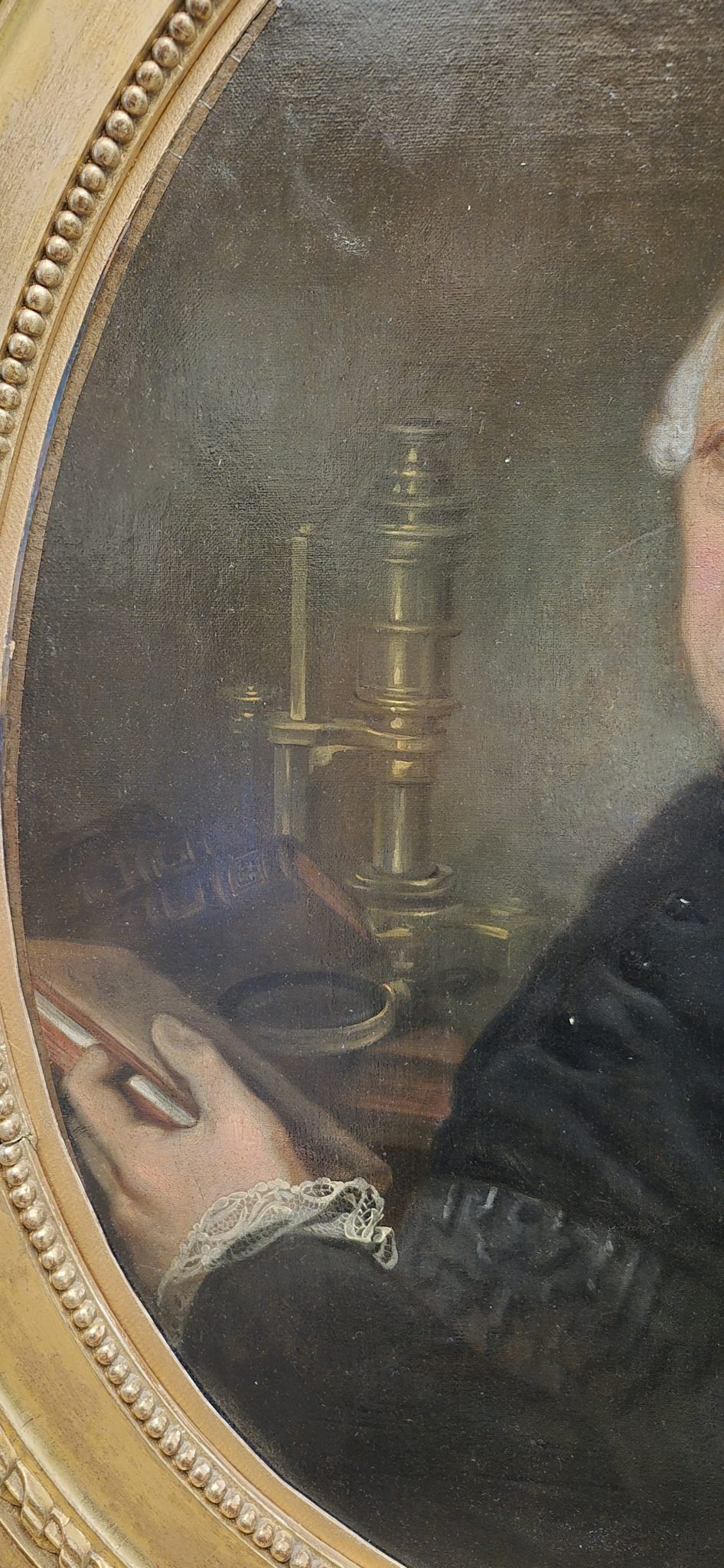 A rare and fine painting of a Flemish scientist from Antwerpen with a Cuff microscope – 1779