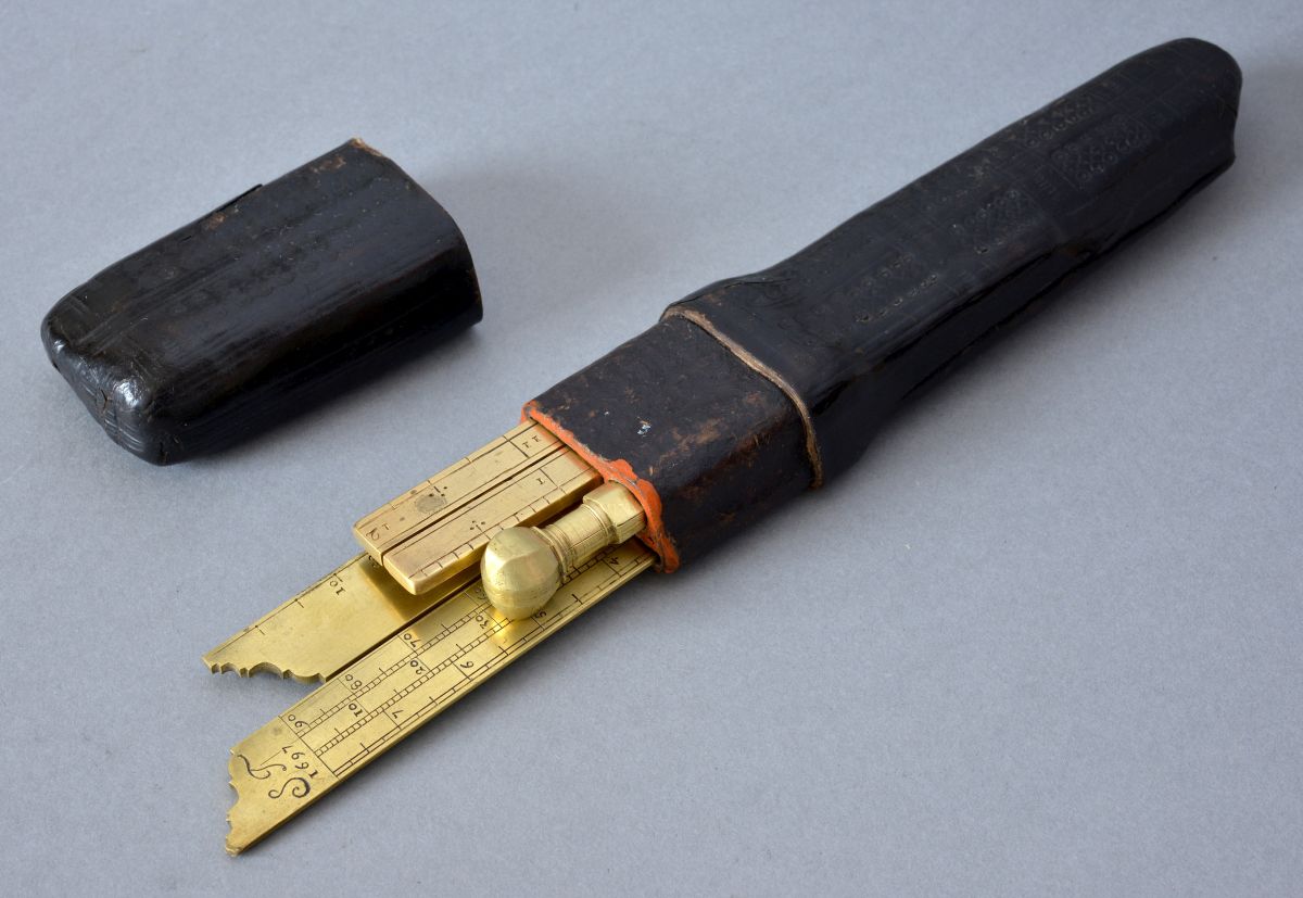 Exceptional architect’s set signed ST dated 1697 in original embossed leather case