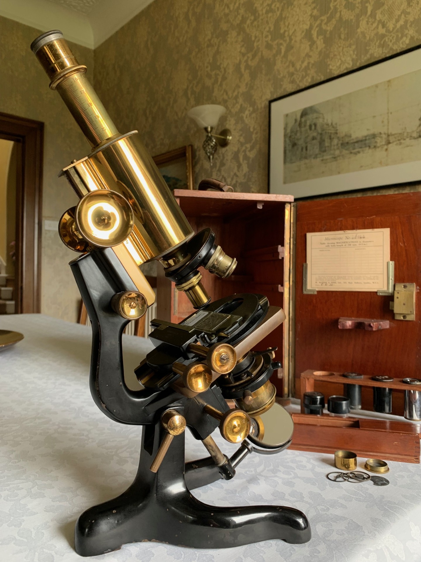 Vintage Watson Bactil Brass Microscope with Polarising Accessories c1930, Cased