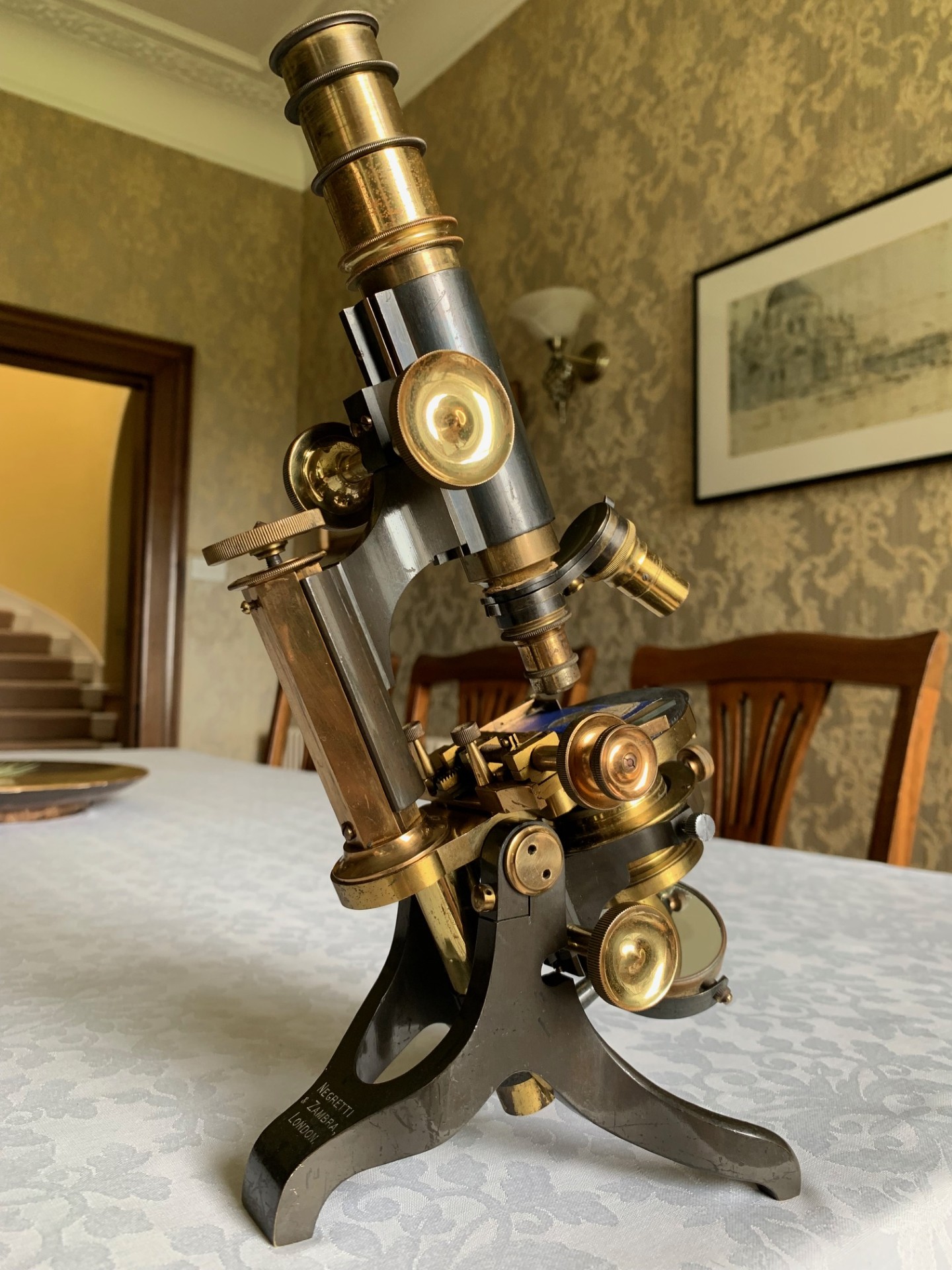 Antique Compact Desk-top Brass Microscope by Negretti & Zambra, London c1900-10