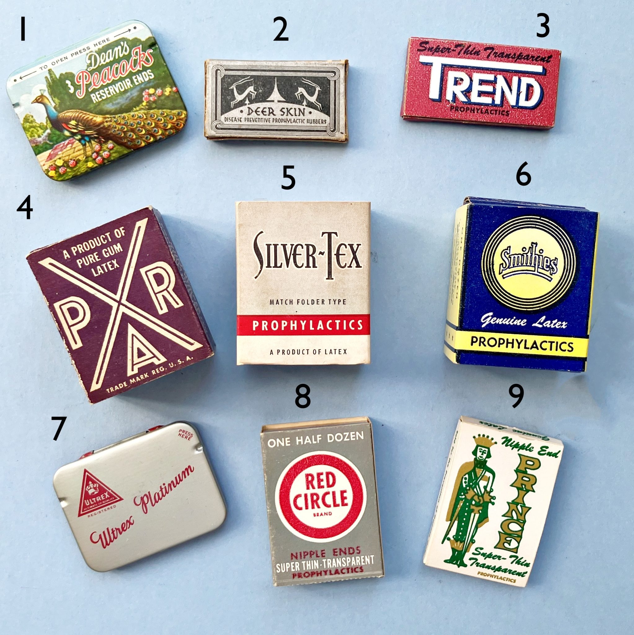 Nine Pre-1970 Condom Packets