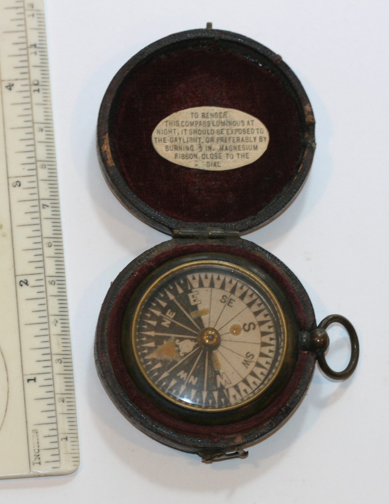 C 1850 WORKING POCKET COMPASS IN LEATHER CASE , GOOD COND.  1.5 in. DIAM