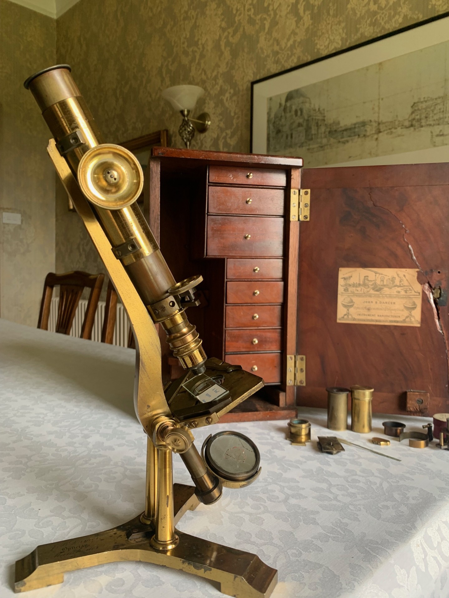SOLD – Early Antique Lister-limb Brass Microscope by John Benjamin Dancer c1850, Cased