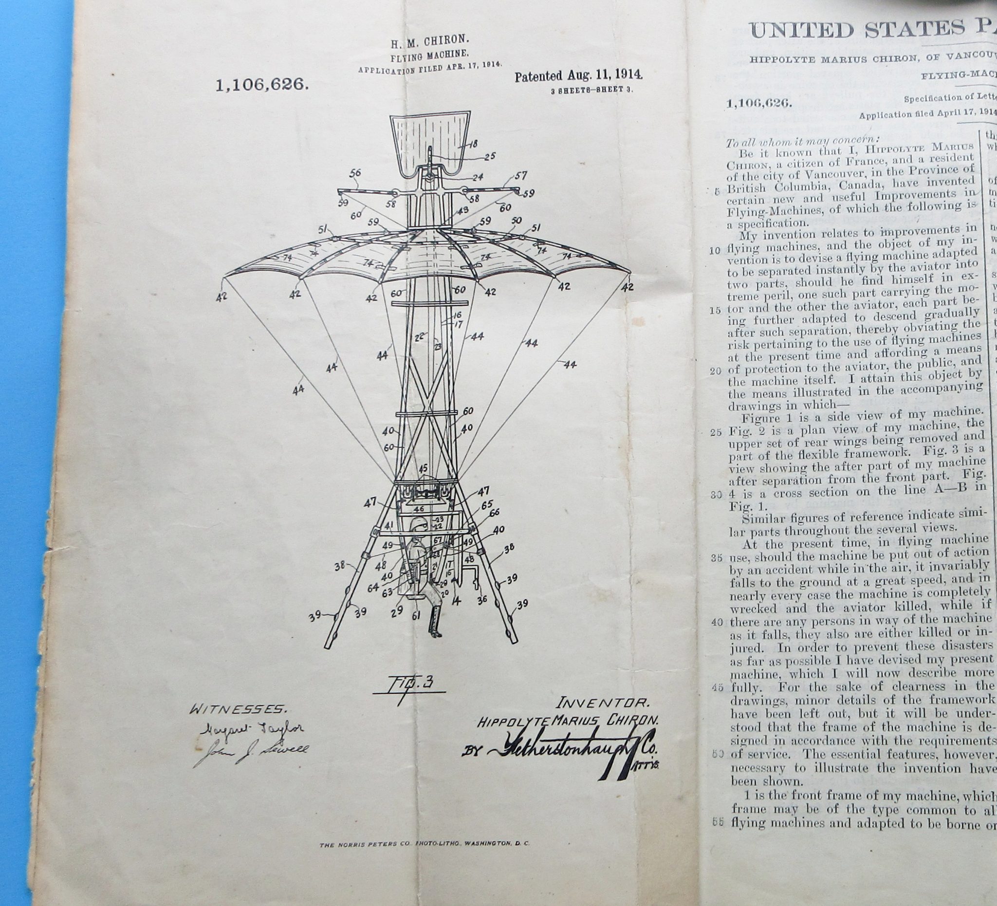 A marvelous 1914 US patent, number 1,106,626, for a Rube Goldberg- like umbrella “flying machine”