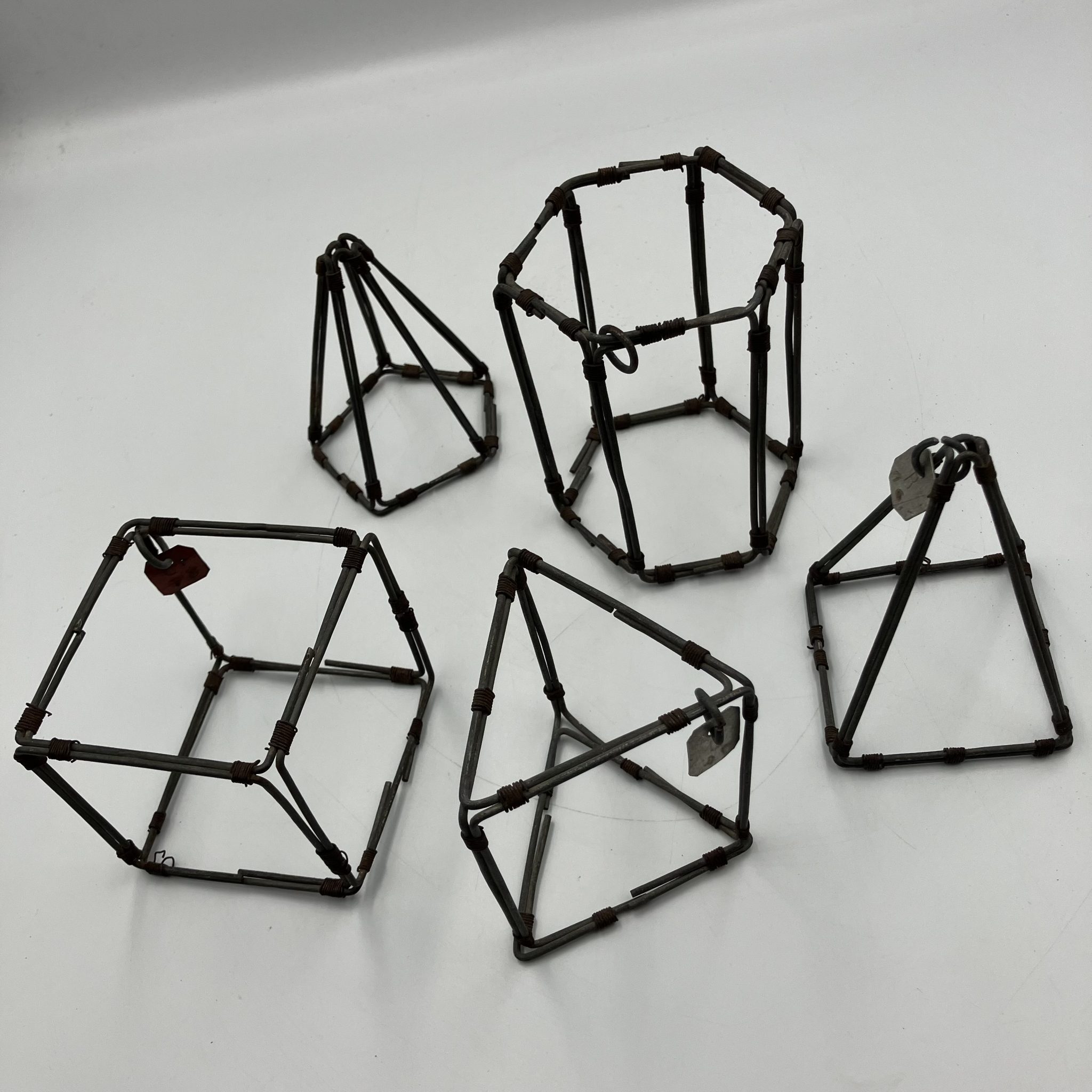 A very unusual set of 6 antique wireframe geometric teaching models, from the early 1900’s