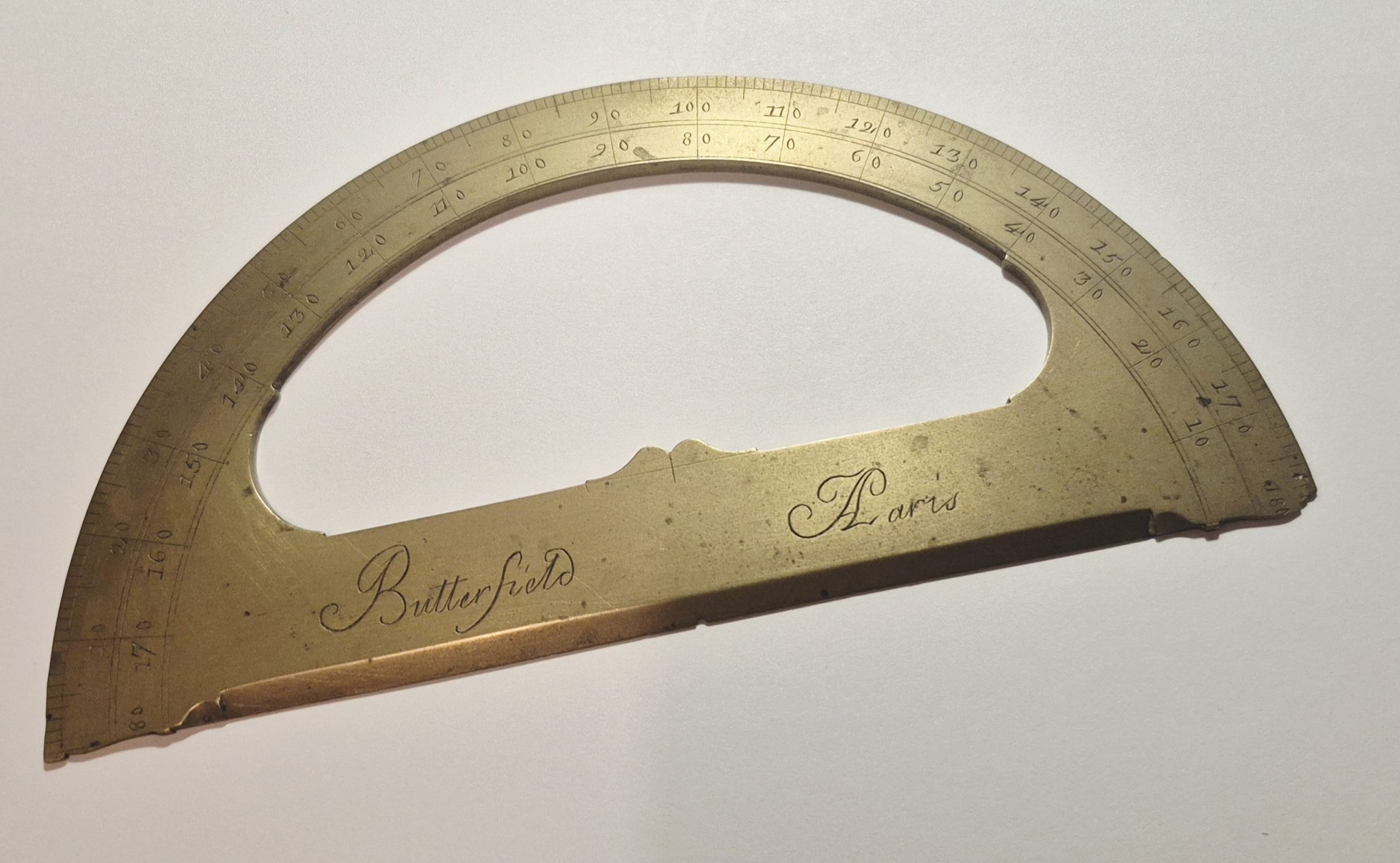 A rare large 16,3cm brass protractor by Butterfield, circa 1700