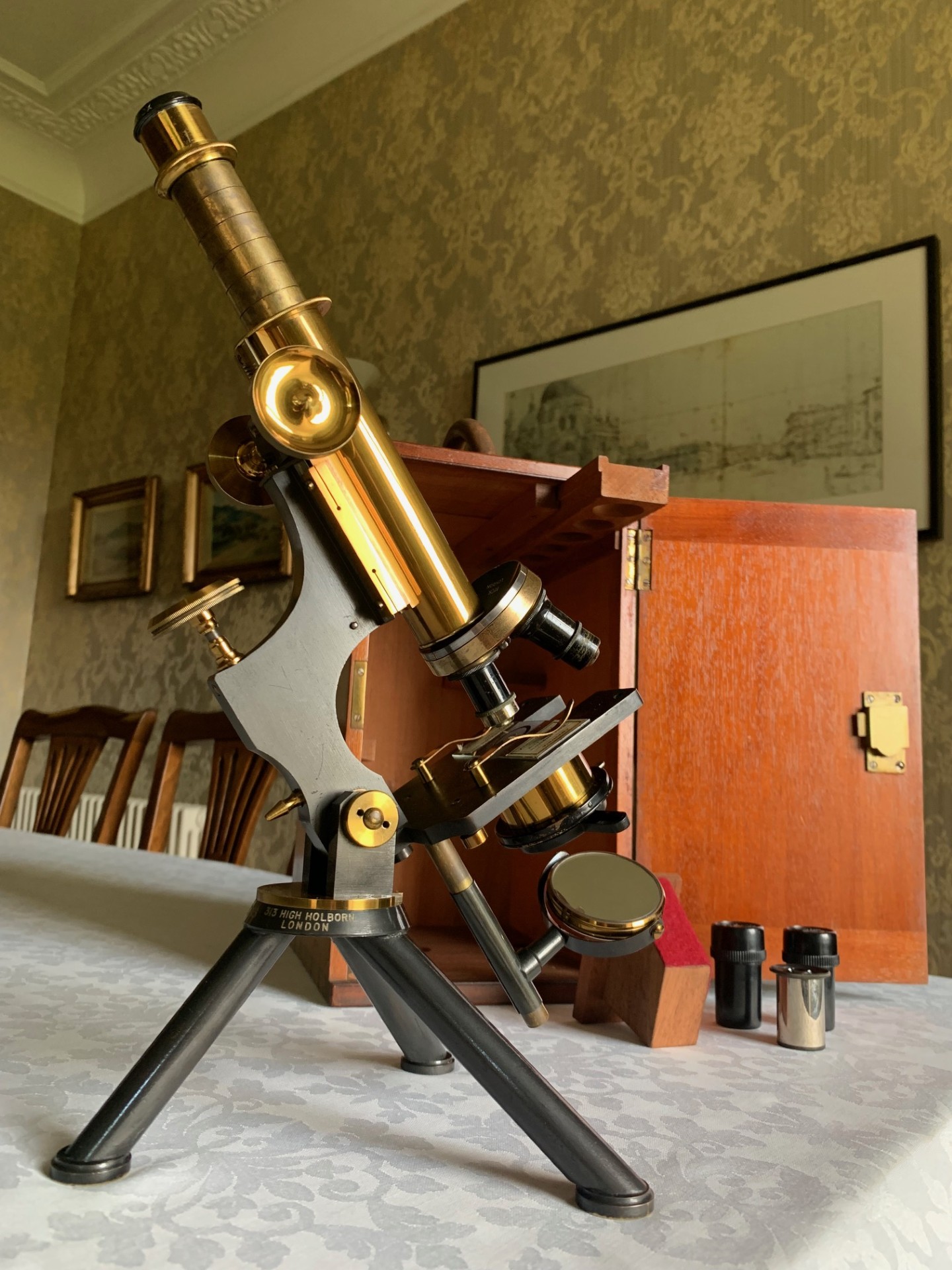Antique W. Watson & Sons – Fram MkI Model Brass Microscope – circa 1899, Cased