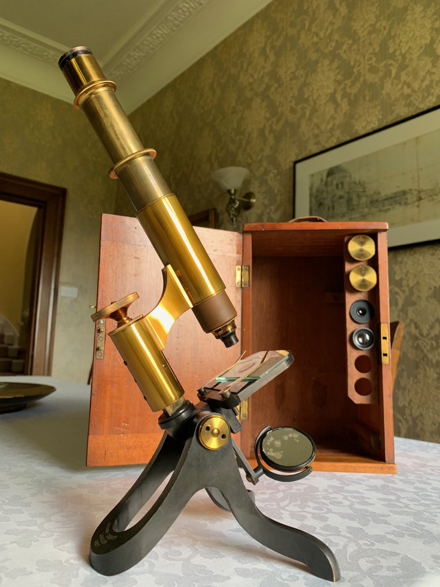 RESERVED – Antique Henry Crouch Histology-type Desk-top Brass Microscope – c1885, Cased