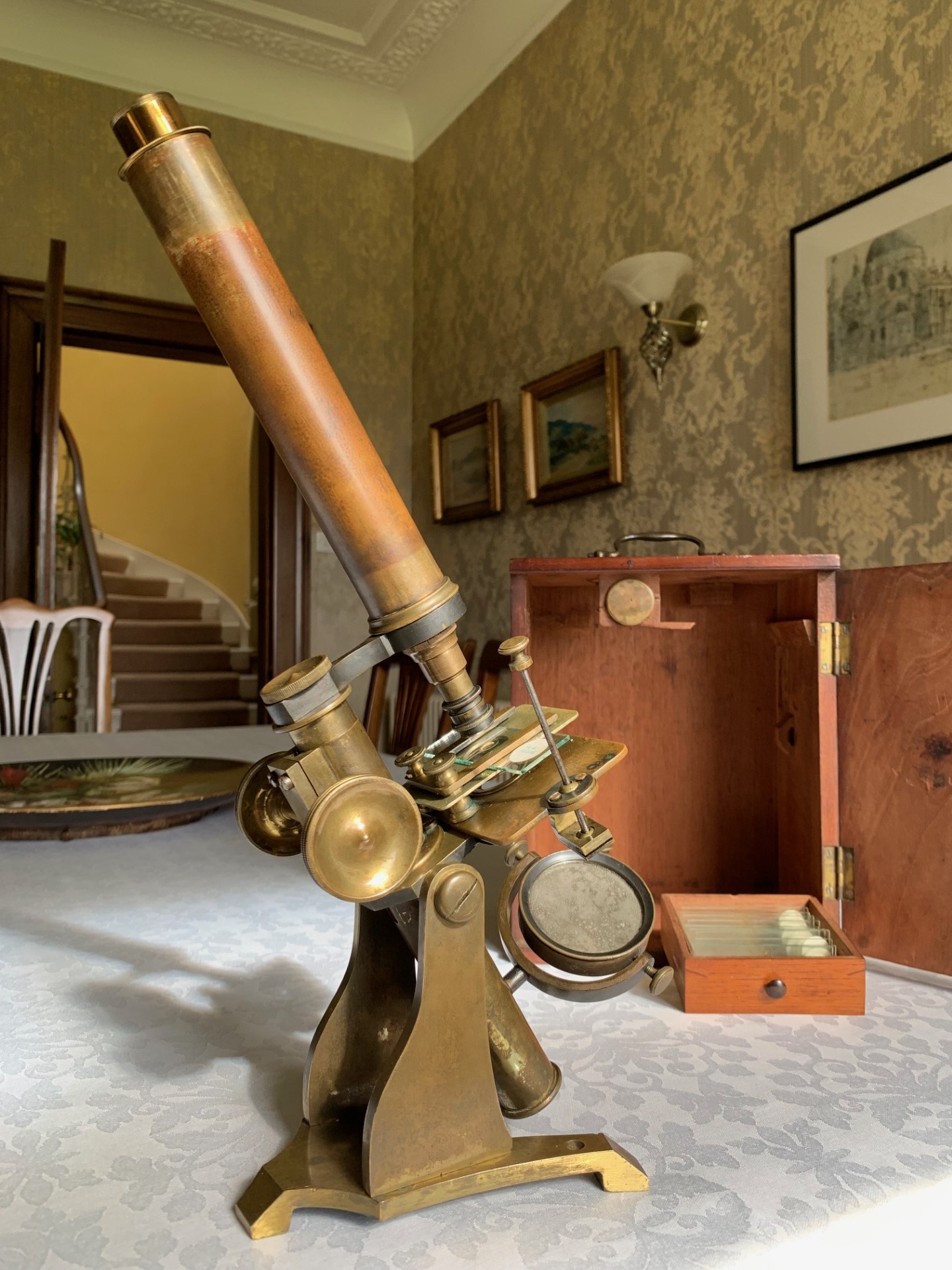 RESERVED – Antique Victorian Brass Microscope of Bar-limb Form with Lever Stage, Cased