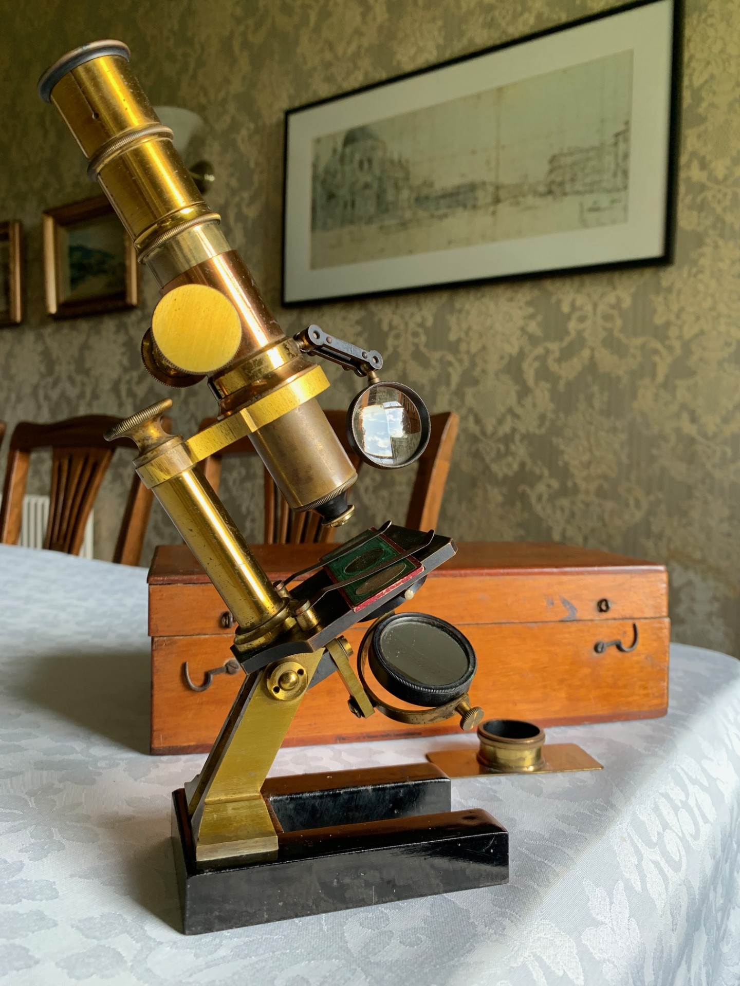 RESERVED – Antique Compact Desk-top Brass Microscope – French – Unbranded – c1900, Cased