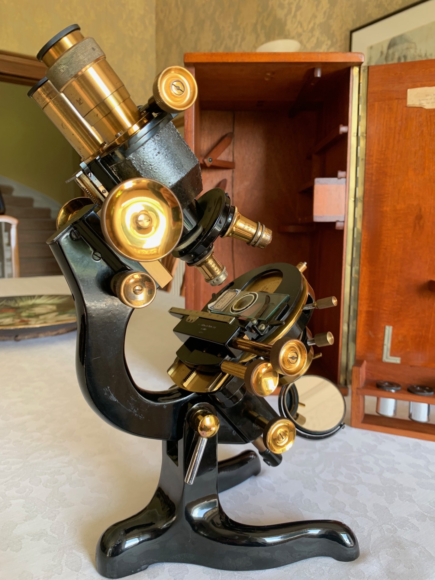 Vintage W. Watson & Sons Ltd High Power Binocular Brass Microscope c1937, Cased