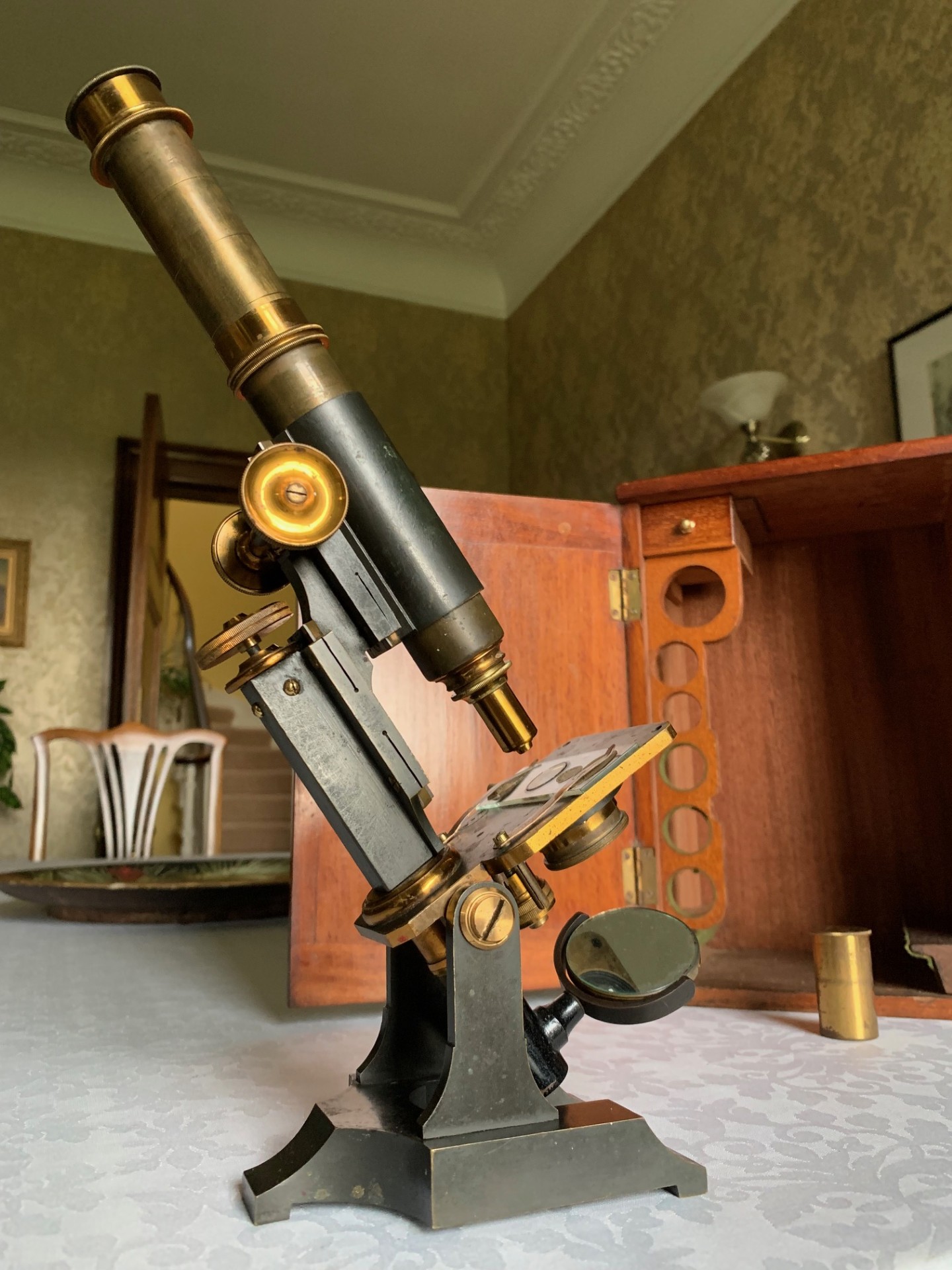RESERVED – Antique James Parkes & Son Medical-type Desk-top Brass Microscope – c1890, Cased
