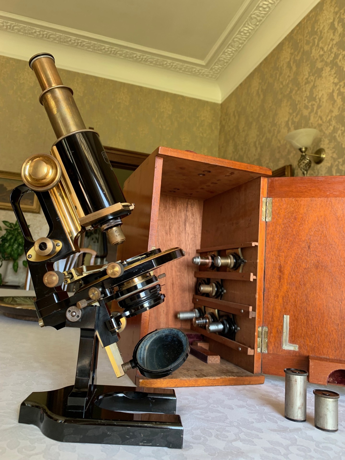 Antique Carl Zeiss Stand 1B Jug-handle Microscope Serial 74401 circa 1919, Cased