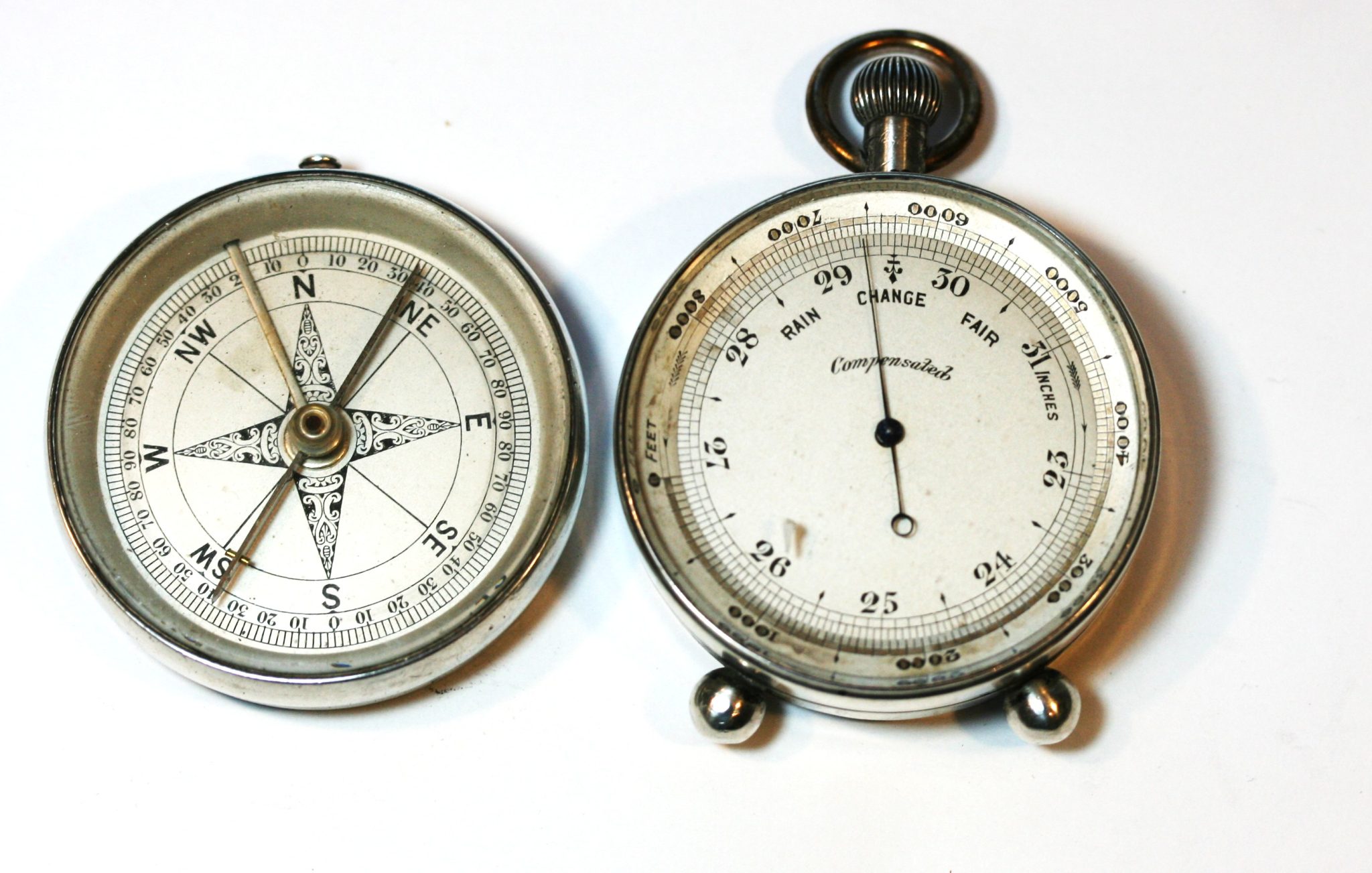 SILVER  DESK TOP COMPASS / BAROMETER  DATED 1898 by LEWIS NIGHTINGALE   GOOD COND.