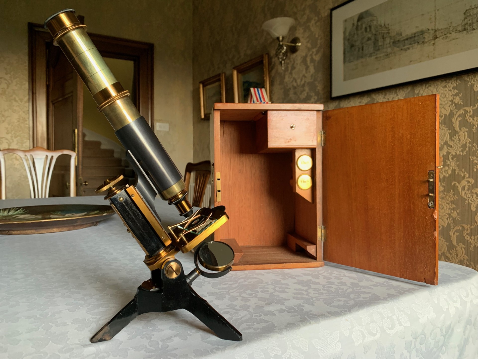 Antique James Parkes & Son Worker Model Desk-top Brass Microscope – c1900, Cased