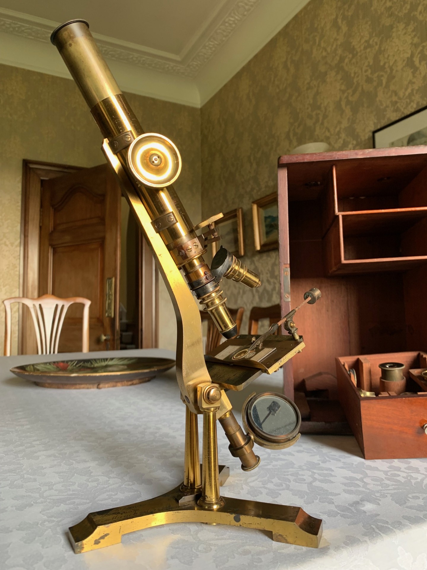 Early Antique Lister-limb Brass Microscope by John Benjamin Dancer c1850, Cased