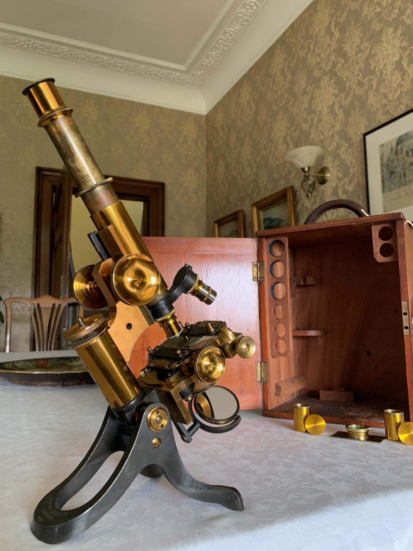 Antique Henry Crouch Histological Brass Microscope – circa 1887, Cased
