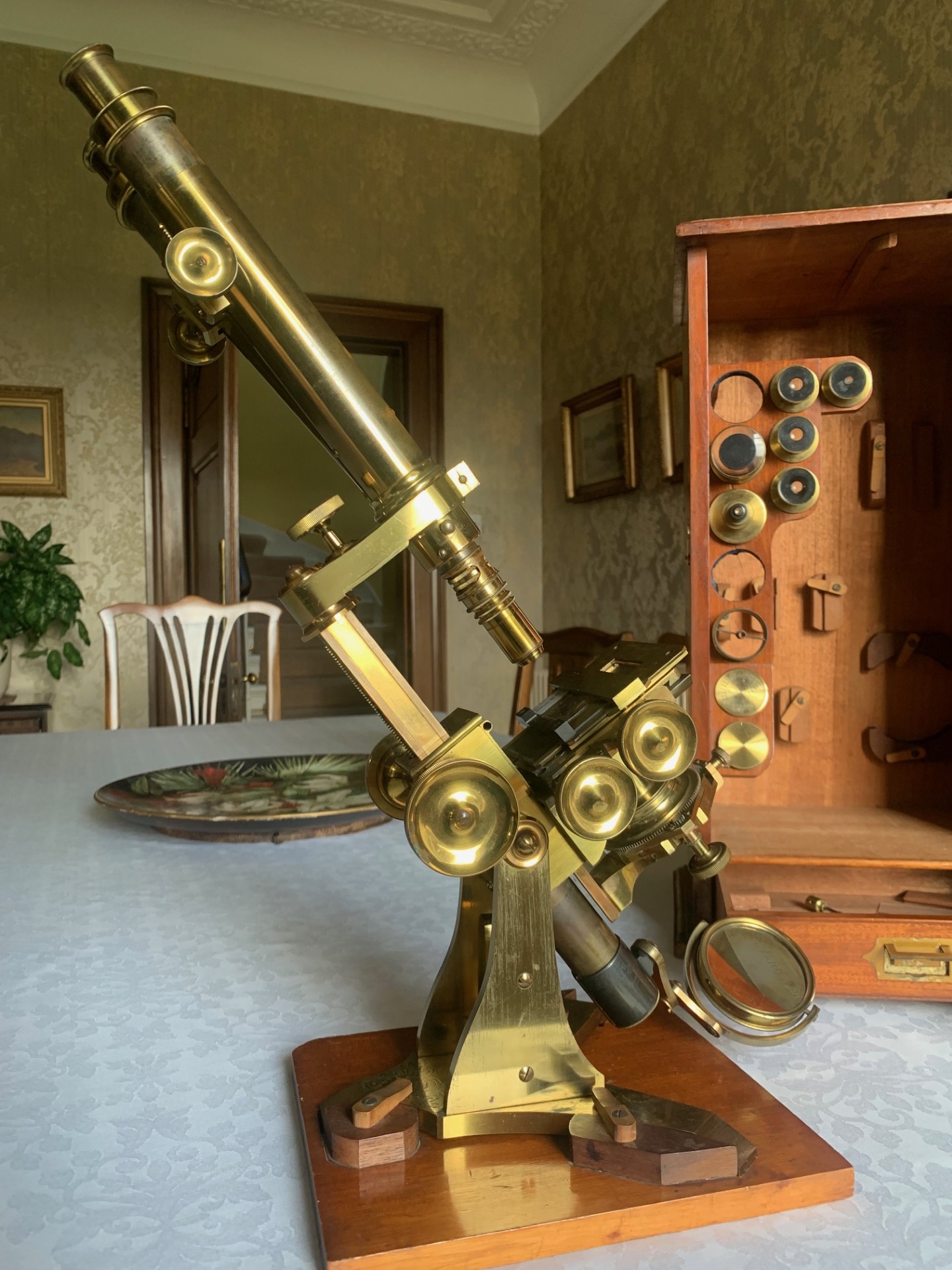 Antique Stand B Wenham First Class Binocular Brass Microscope by Wheeler circa 1860, Cased