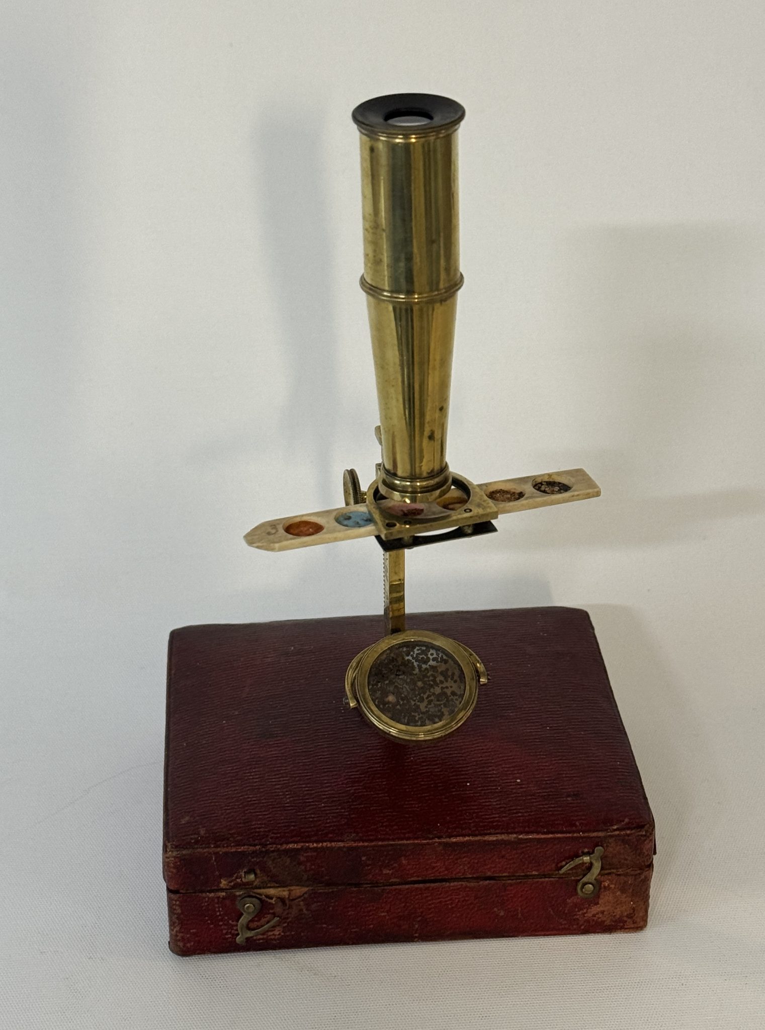 rare traveling microscope in leather case